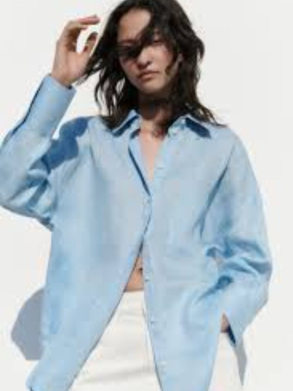 ZARA Light Blue 100% Linen Button-Up Shirt L